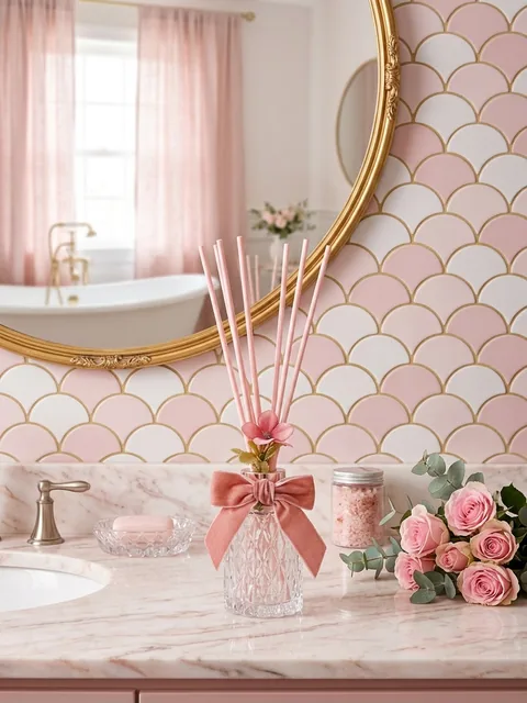 Difusor de ambiente em vidro lapidado com varetas rosa, flor e laço de veludo, sobre bancada de mármore em banheiro com azulejos rosa