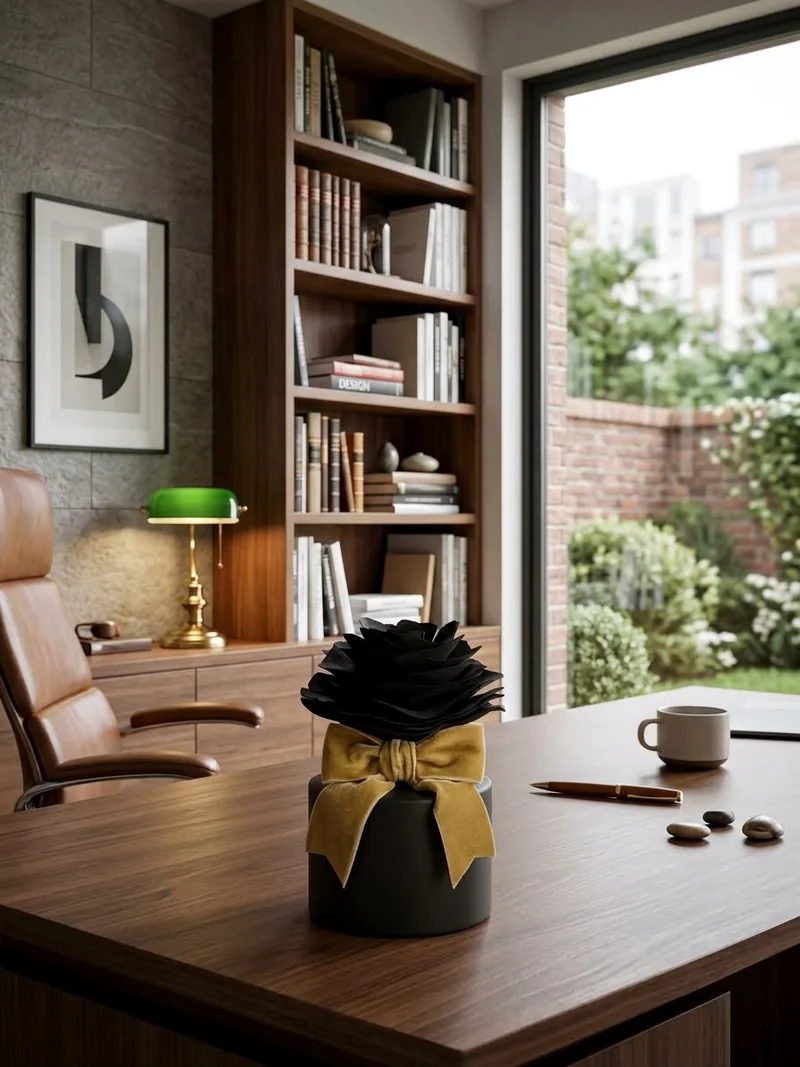 Difusor de ambiente preto com flor preta e laço de veludo mostarda sobre mesa de escritório