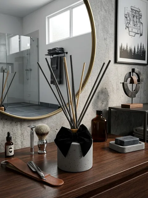 Difusor de ambiente em vaso cinza mesclado com laço de veludo preto e varetas grafite, em lavabo com espelho redondo dourado