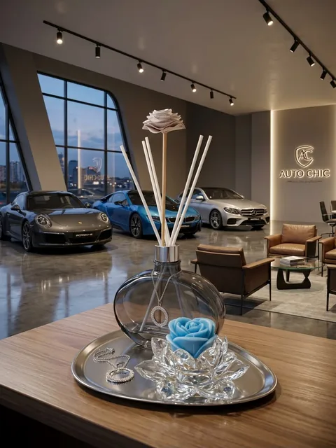 Kit com difusor de ambiente em vidro fumê, vela de rosa azul sobre lótus de cristal e pingente sobre bandeja prateada, em um showroom de carros